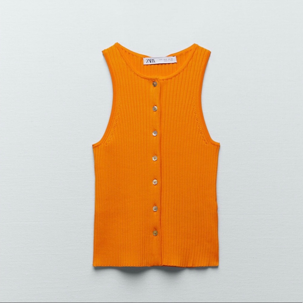 Zara Sleeveless Orange Ribbed Button Front Tank